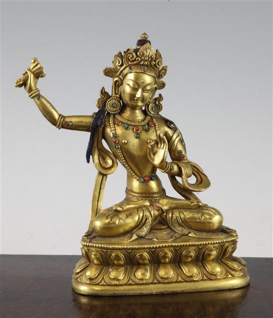 A Sino-Tibetan gilt bronze seated figure of Manjushri, 19cm